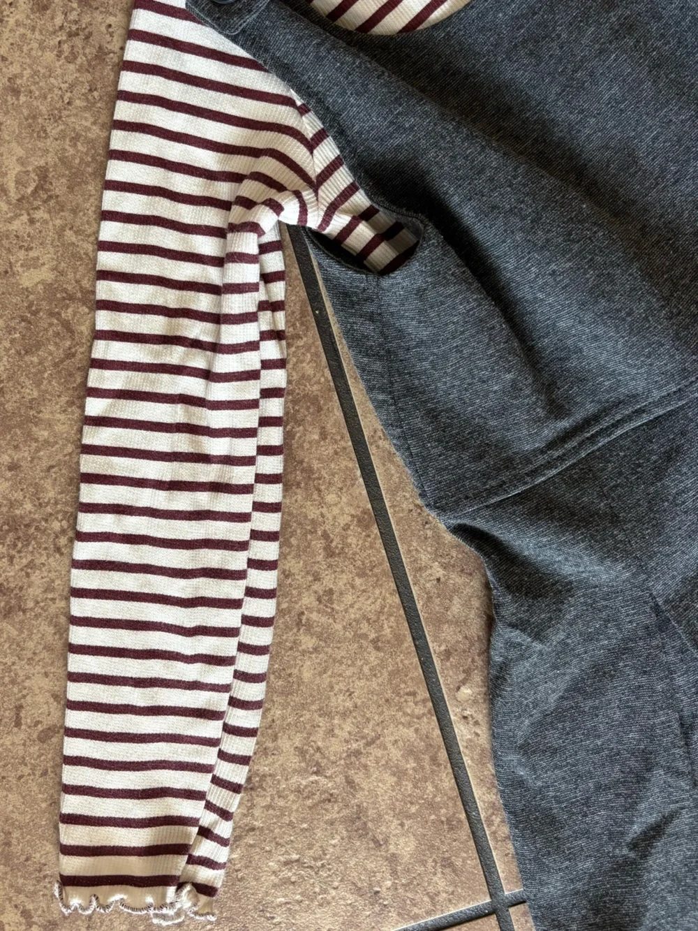 Girls Zara Cream and Burgundy Striped Top with Charcoal Pinafore Detail
